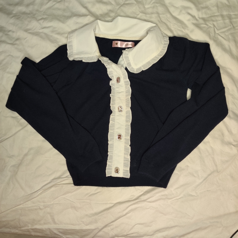Swankiss Navy Blue sweater With Cream Ruffle Trim. Size 0/XS
